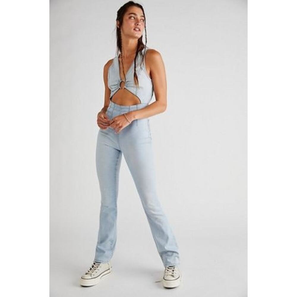New Free People WTF Ultravioletn Cutout Jumpsuit $148 LARGE  Light Blue Retro
